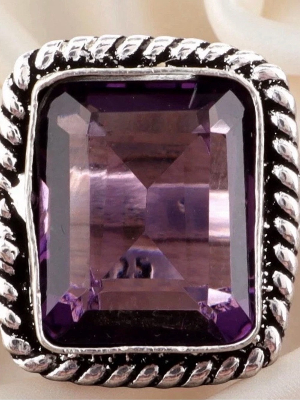 NEW Purple African Amethyst Emerald-Cut Statement Sterling Silver Ring